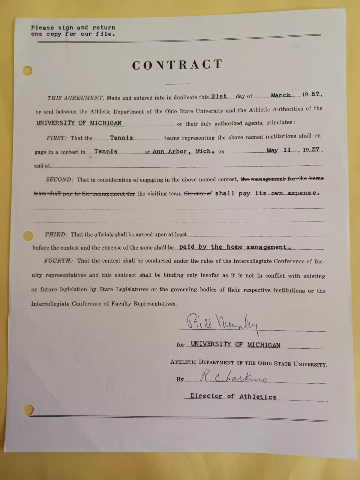William Murphy Dick Larkins Signed Contract  University of Michigan Ohio State