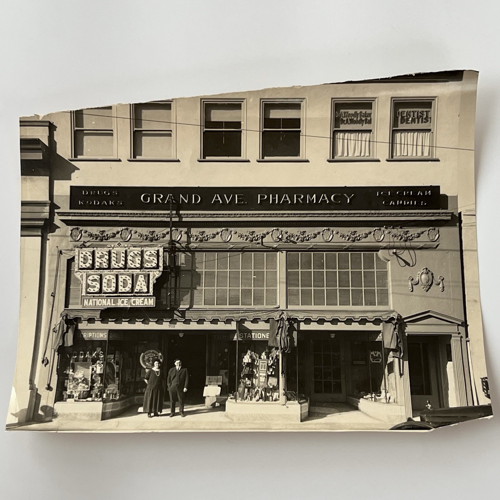 Vintage Antique Press Photograph Grand Ave Pharmacy Drug Soda Dr Kodak Ad