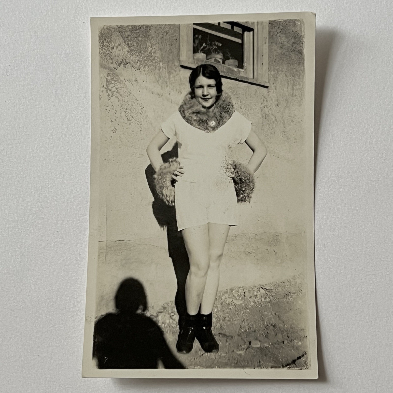 Vintage Sepia Snapshot Photograph Beautiful Young Woman Flapper Legs Winter Fur