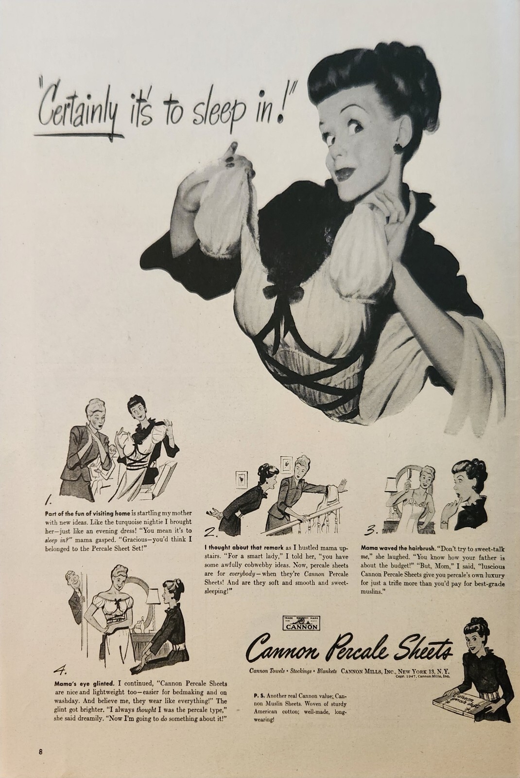 1947 Cannon percale sheets Vintage ad certainly its to sleep in