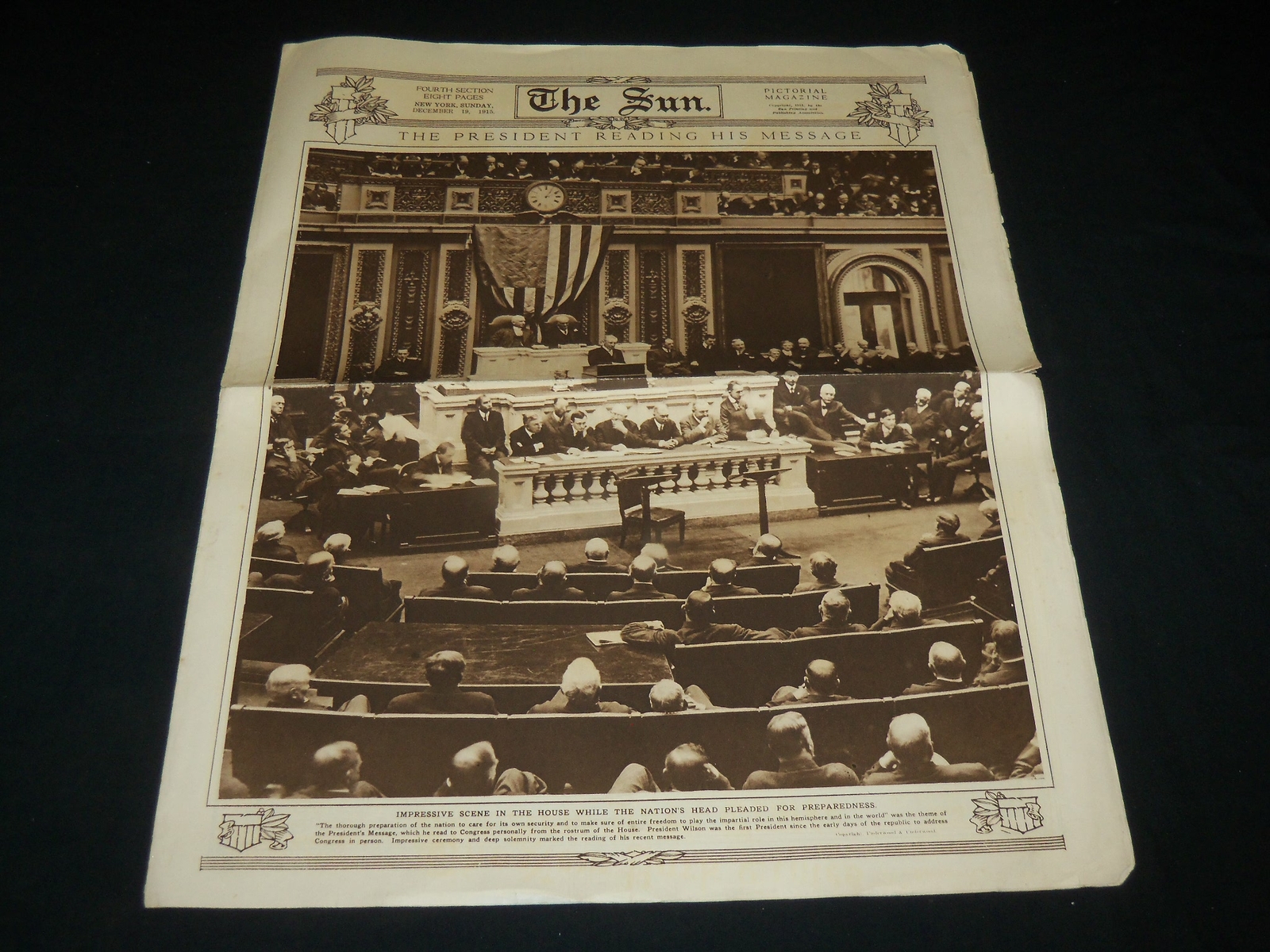 1915 DEC 19 THE SUN PICTORIAL MAGAZINE SECTION -WILSON READING MESSAGE - NP 5437