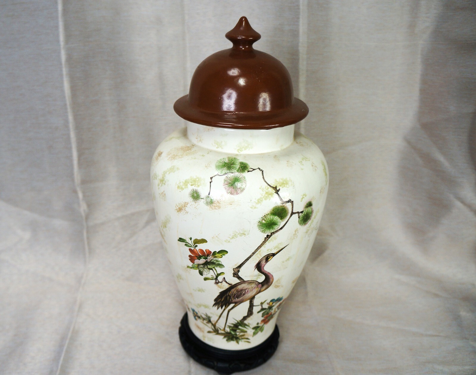 Vintage Japanese Heron Crane Ginger Jar Earthtones Natural Setting Centerpiece