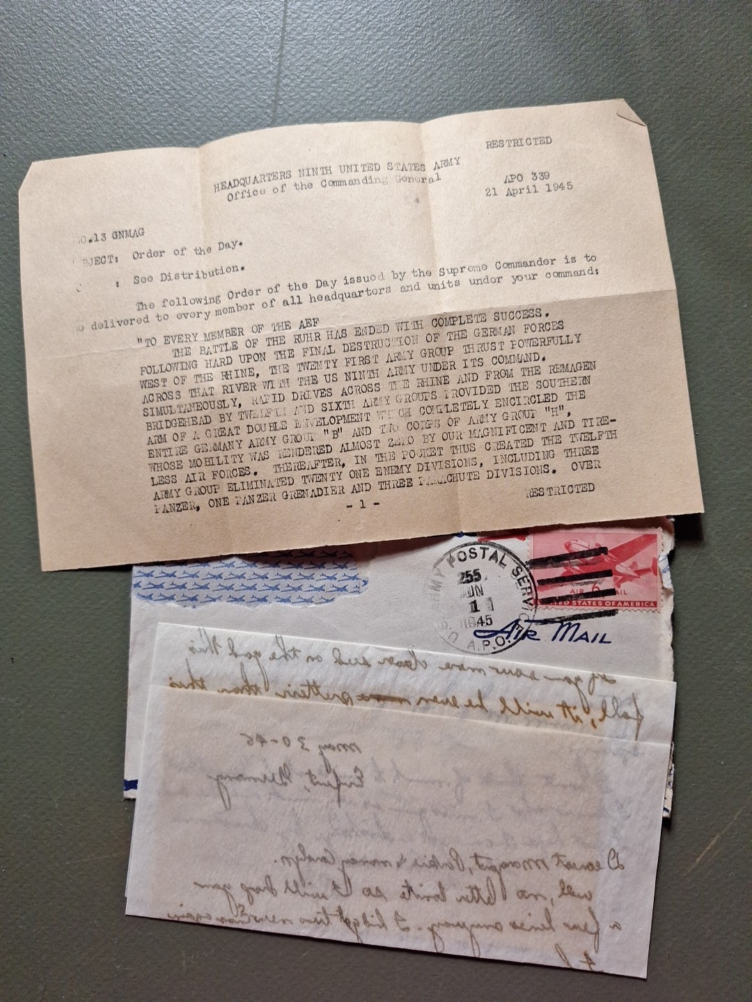 Rare WWII Apo 339 Order of the day 330.13 GNMAG End of Ruhr Battle 1945 46th AIB