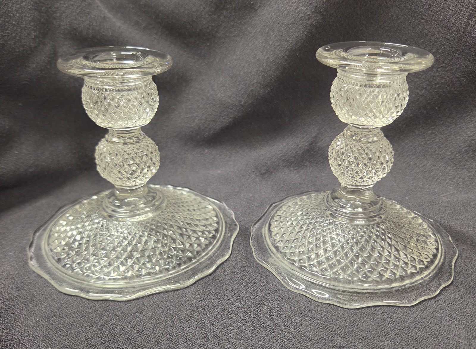 Vtg 1920s Set of EAPG Diamond Cut Pressed Glass Candlestick Candle Holders 