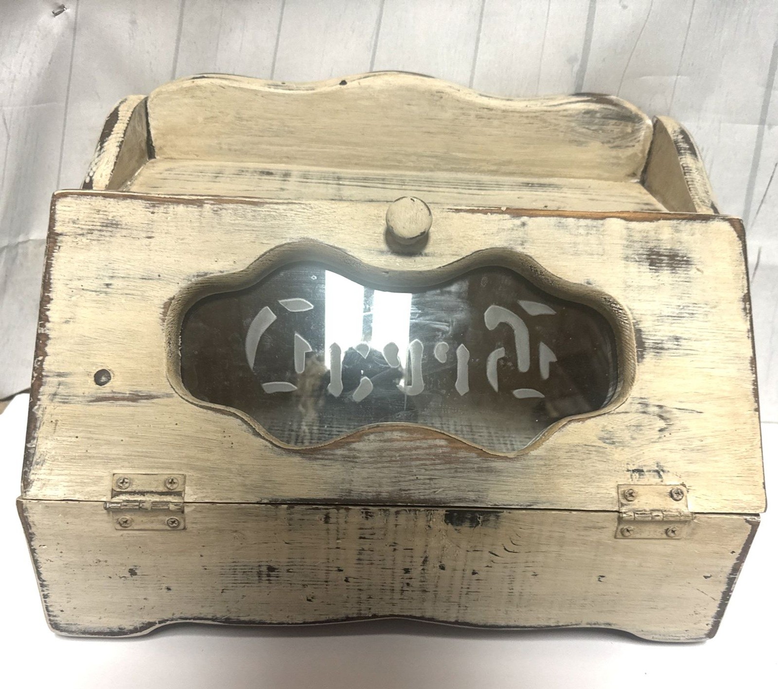 Vtg Wood Bread Box Stencil Design Glass Face Farmhouse Breadbox Cottagecore