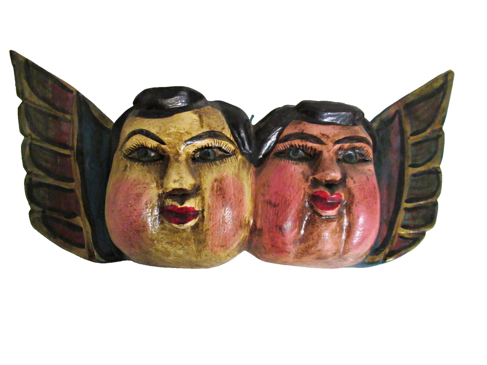 VTG MEXICO GUERRERO CARVED WOOD HP WINGED ANGEL CHERUB HEADS FOLK ART WALL DECOR