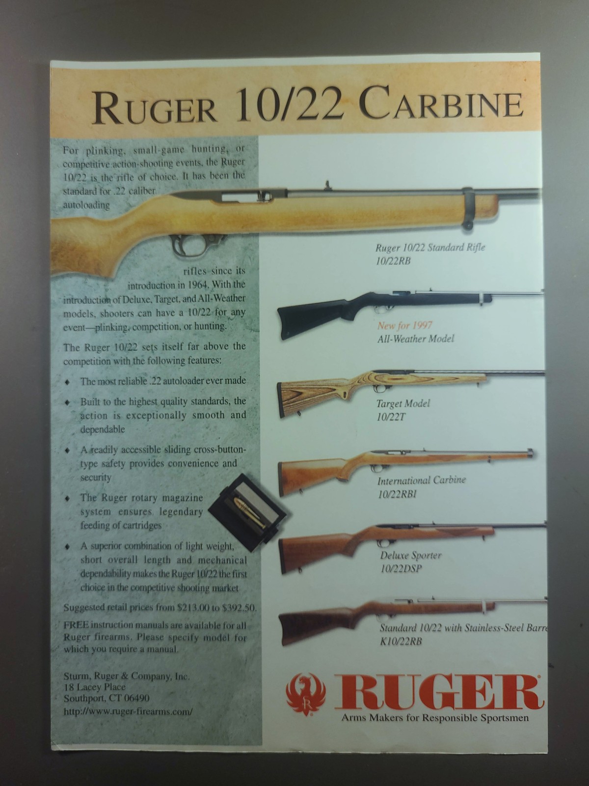 1997 Ruger 10/22 Carbine Rifle Advertisement - Standard, All-Weather, Target 1997 Ruger 10/22 Carbine Rifle Advertisement - Standard, All-Weather, Target