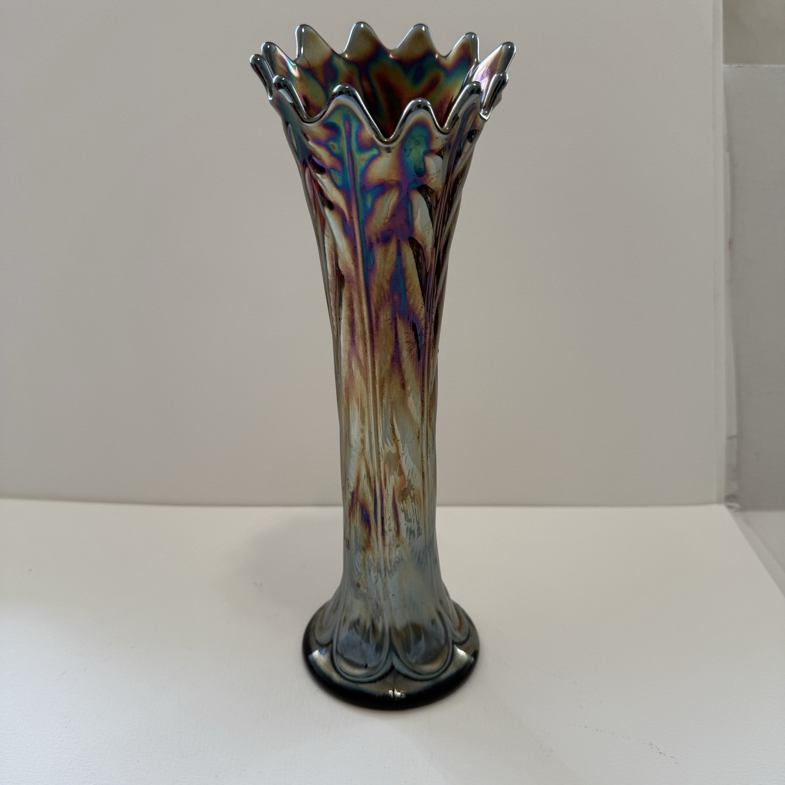 Northwood Leaf Columns Carnival Glass Vase Black Amethyst Iridescent 11.5