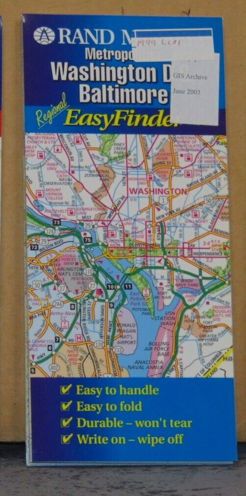 1999 Rand McNally Laminated Street Map of Washington DC and Baltimore