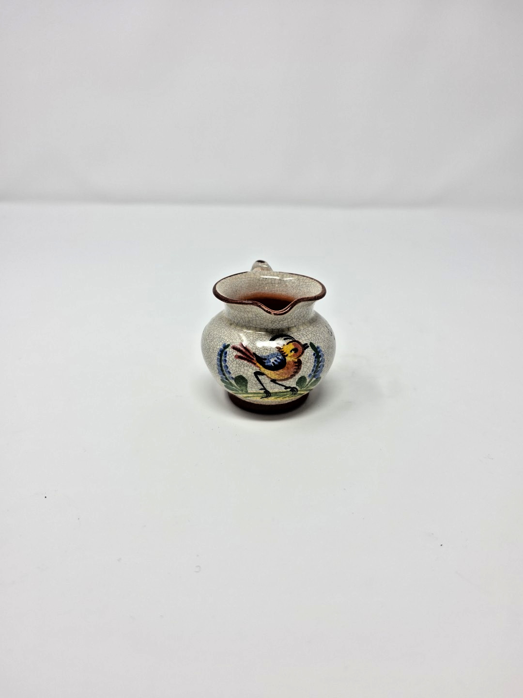 West Germany Pottery Pitcher Hand-painted w/Flowers & Bird - Brown Blue Yellow
