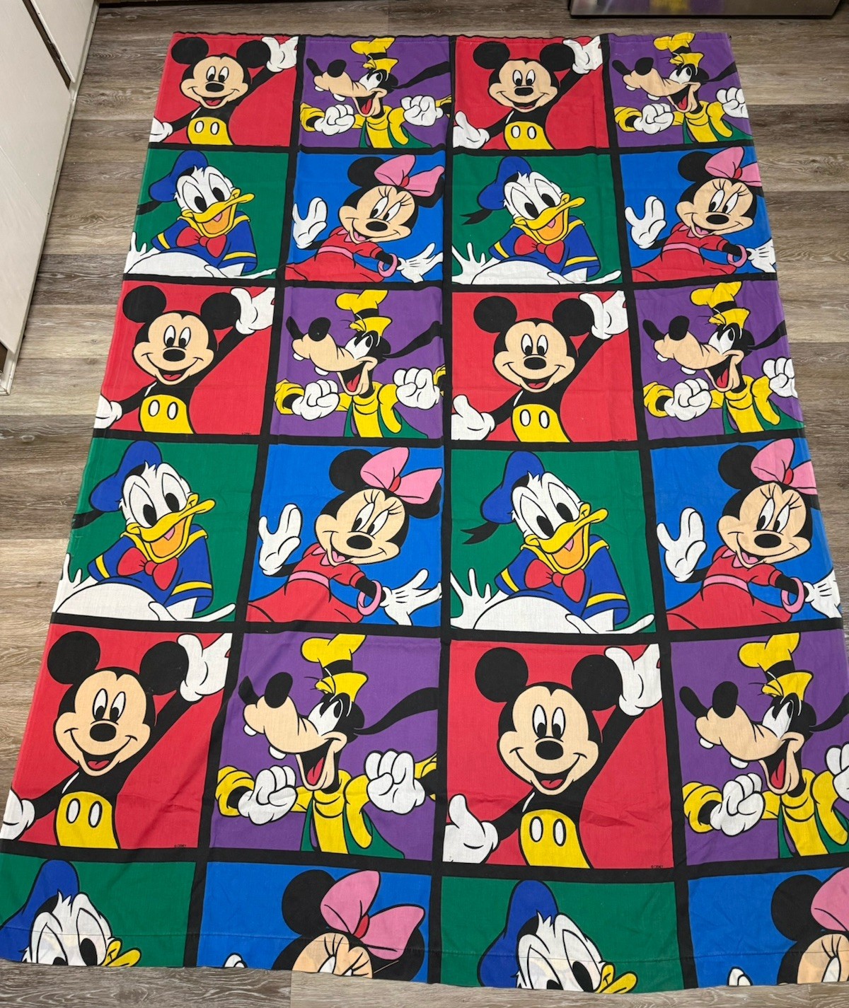 VTG Disney Mickey & Friends Twin Flat Sheet Colorblock Goofy Minnie Donald 92x65 VTG Disney Mickey & Friends Twin Flat Sheet Colorblock Goofy Minnie Donald 92x65