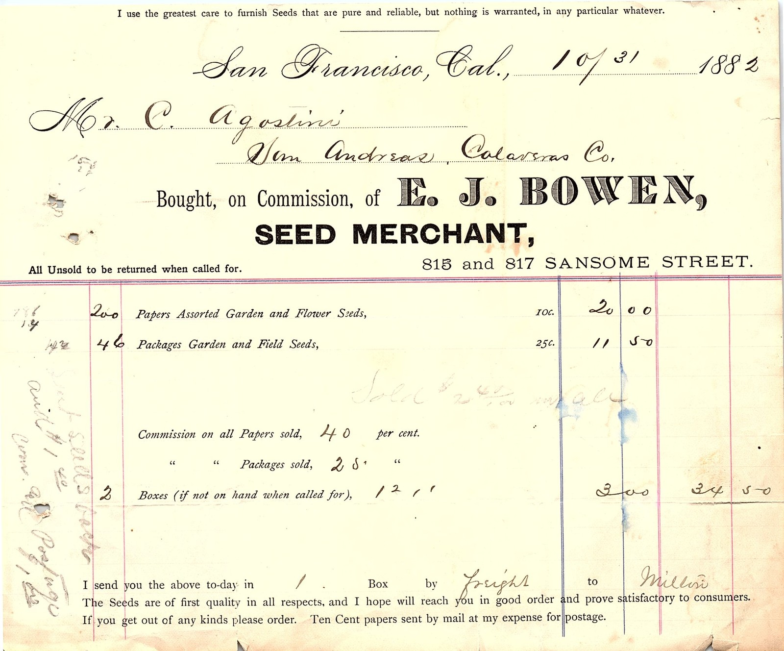 1882 San Francisco E.J. Bowen Seed Merchant Billhead