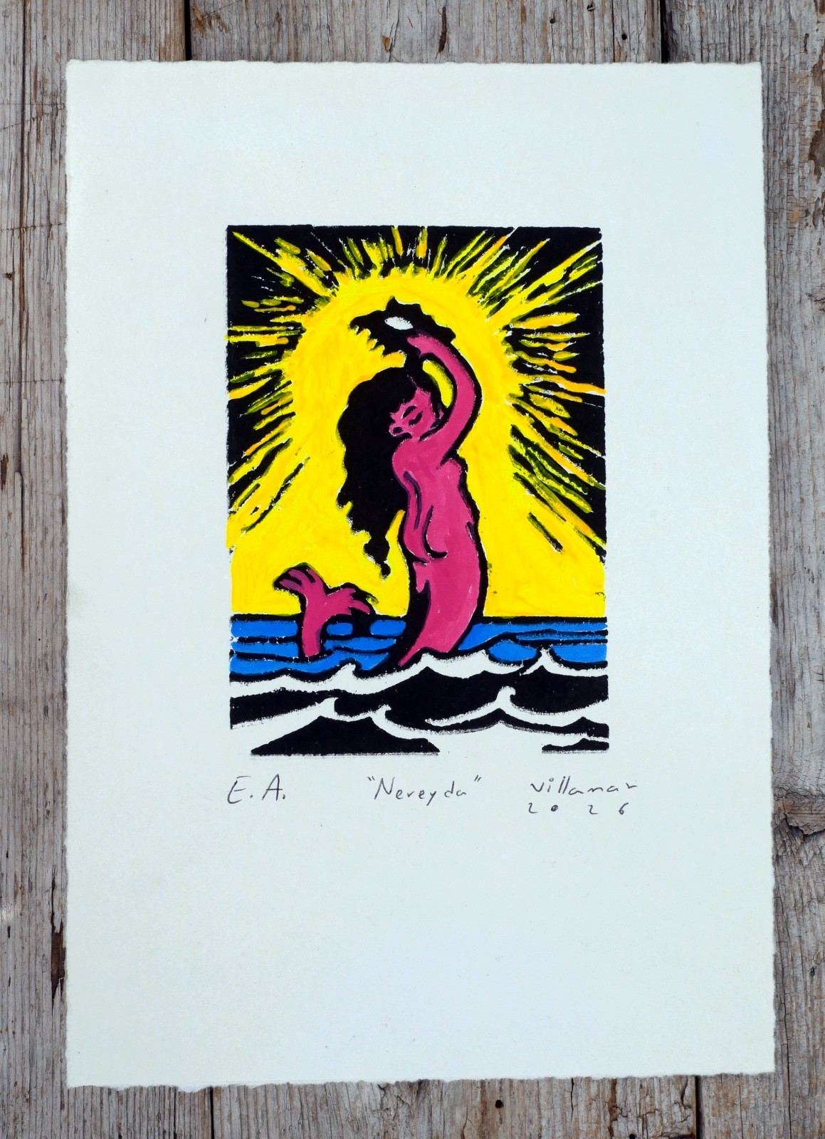 La Sirena Mermaid Hand Tinted Woodcut Print Handmade Un-Framed Mexican Folk Art