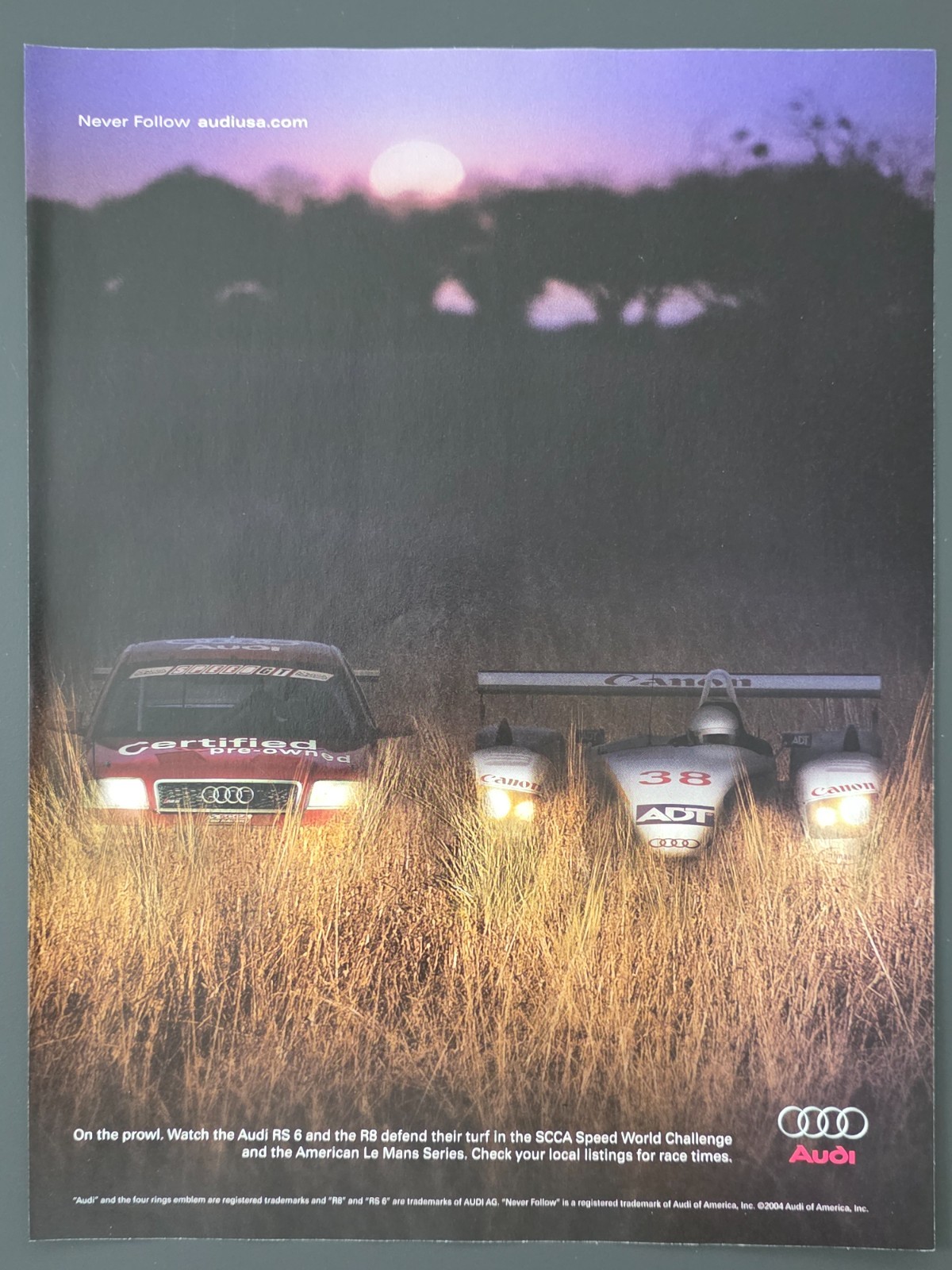 2004 PRINT AD Audi RS6 (SCCA Speed World) & R8 (American Le Mans) \