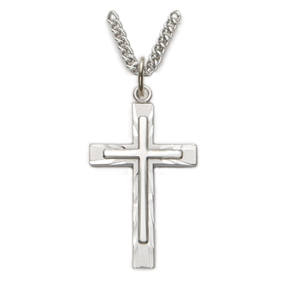 Men's Sterling Silver Diamond Engraved Inner Cross Pendant Christian Necklace