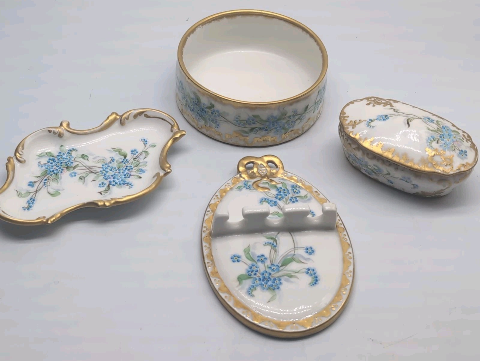 Signed CFH GDM Limoges France Porcelain Dresser Vanity Set Forget Me Nots 1898