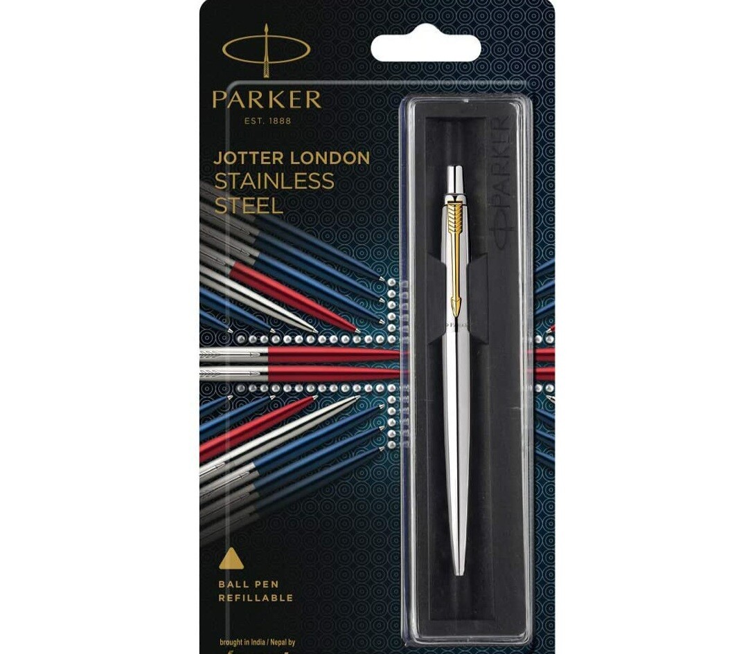 Parker Jotter Stainless Steel GT Gold Trim Fine Tip Blue Ink Ballpoint Ball Pen Parker Jotter Stainless Steel GT Gold Trim Fine Tip Blue Ink Ballpoint Ball Pen