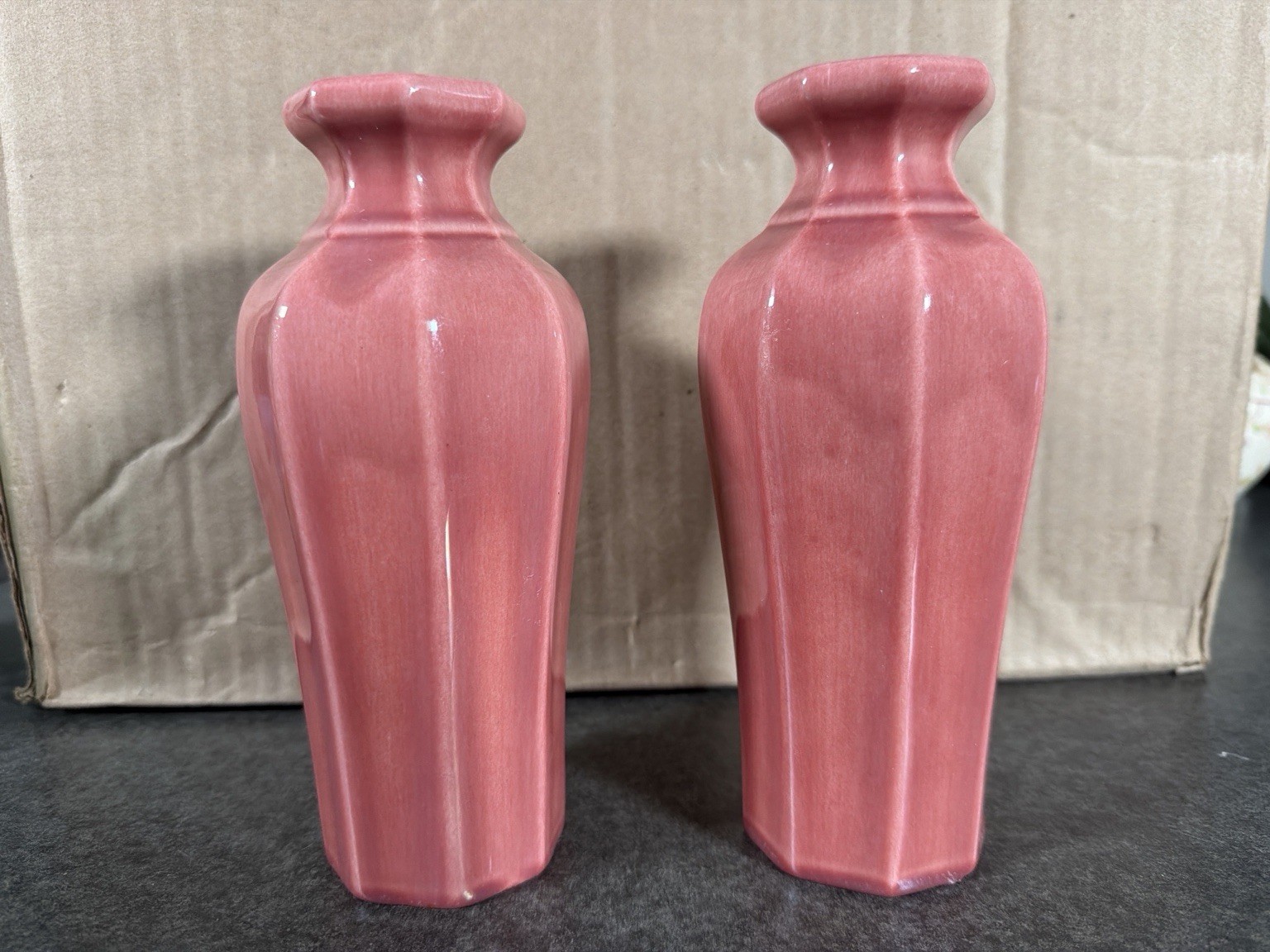 Pair Antique Paul Milet Sevres France Pink Art Deco Ceramic Vases PM 7.75”