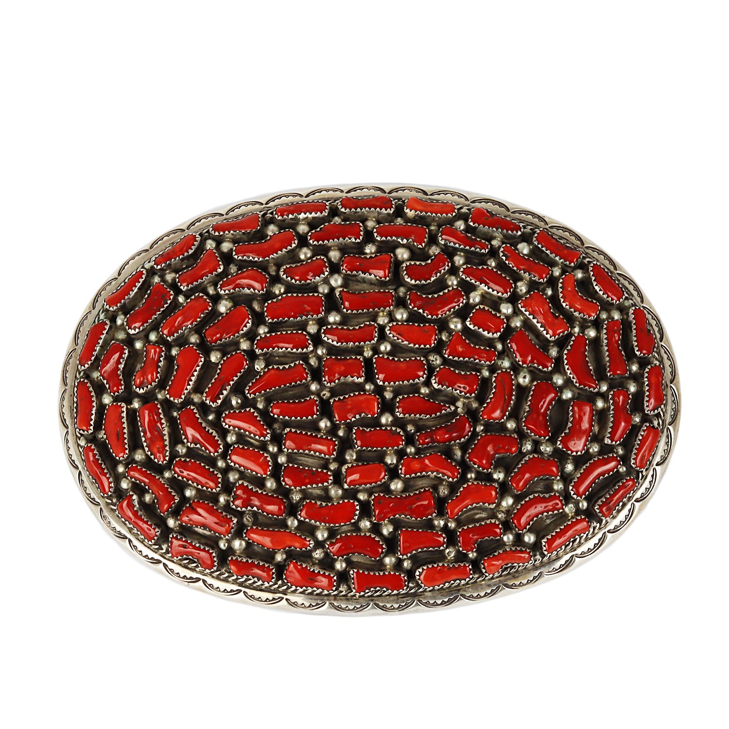 Jerry Roan Navajo Men's Vintage Sterling Silver Coral Belt Buckle