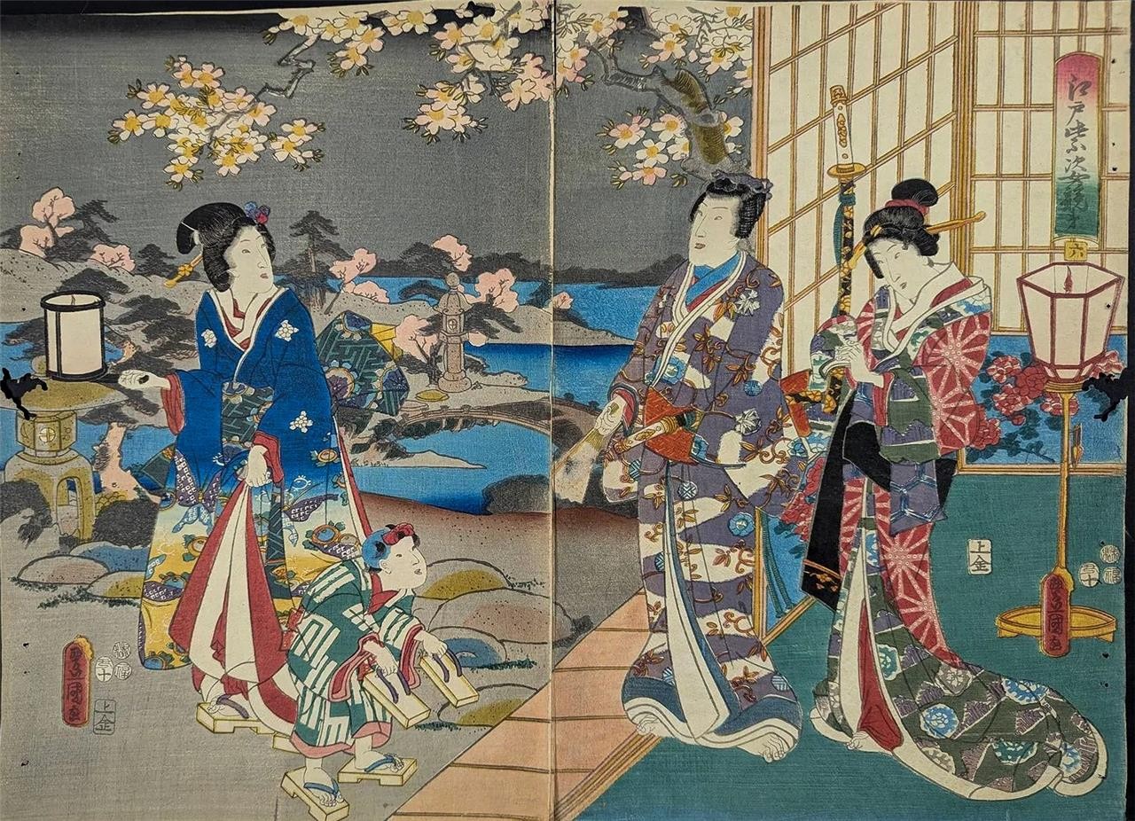 Antique Japanese Woodblock Diptych Print by Kunisada -Rustic Genji #6- c.1853