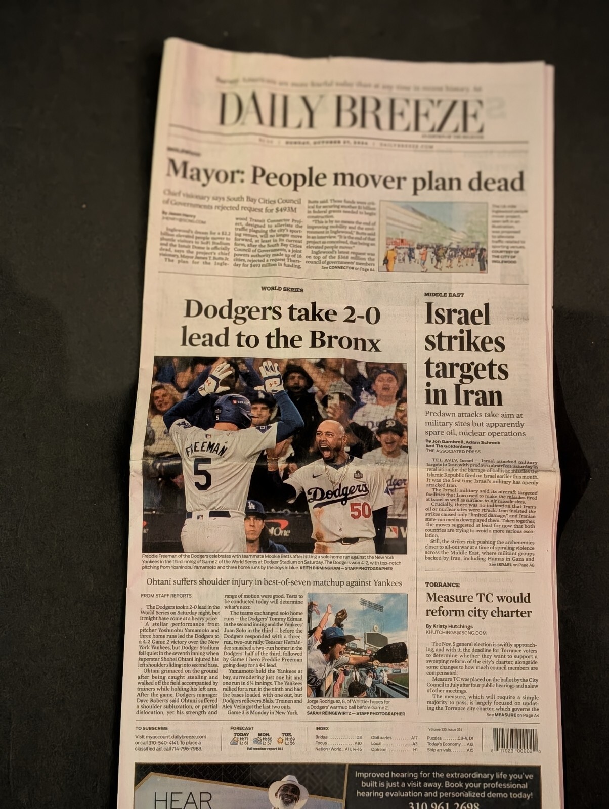 Daily Breeze Newspaper 10/27/24 World Series Game 2  Dodgers Win Ohtani\'s Injury