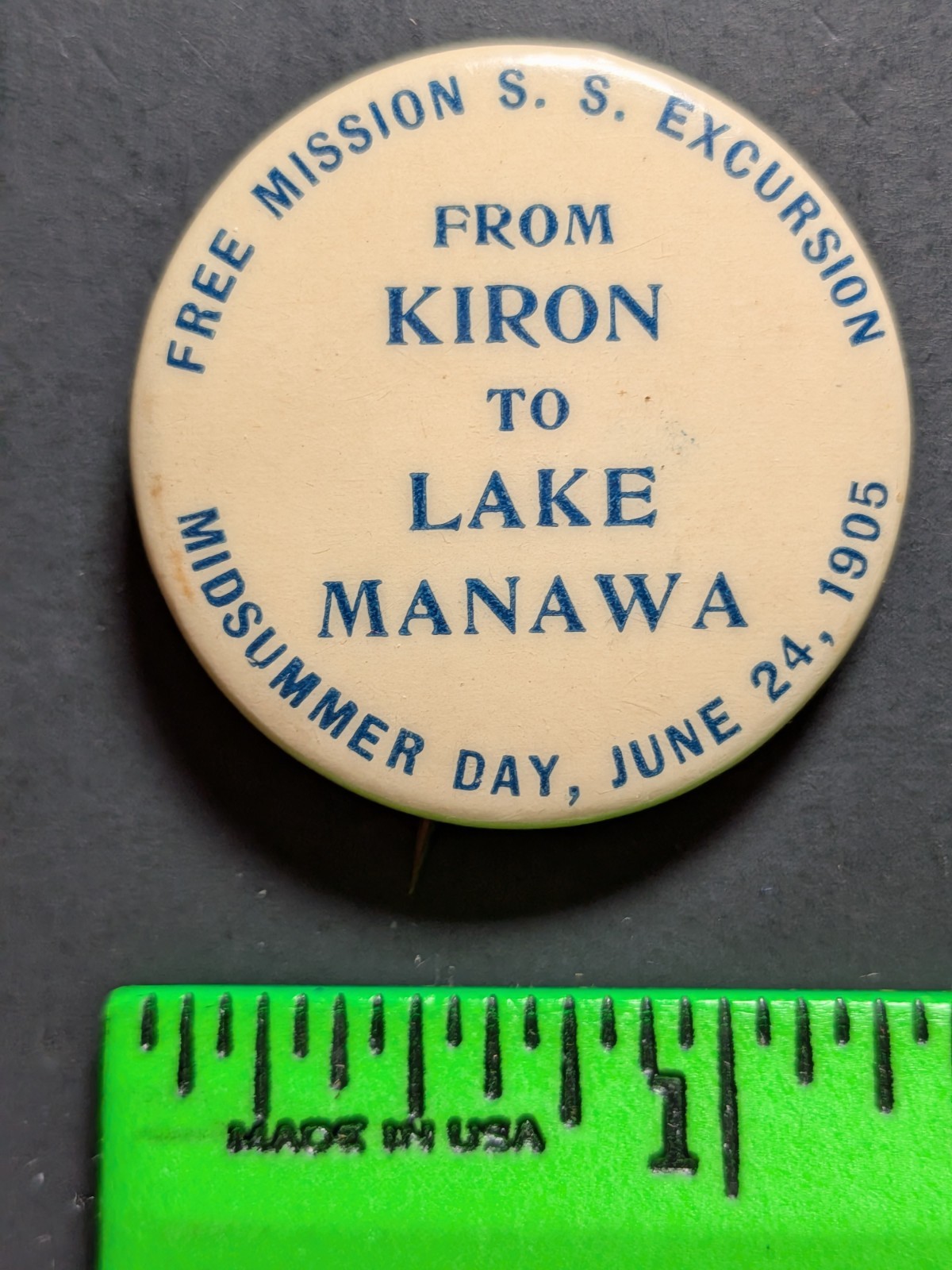 Vintage 1905 Excursion Kiron to Lake Manawa Iowa Pinback Pin
