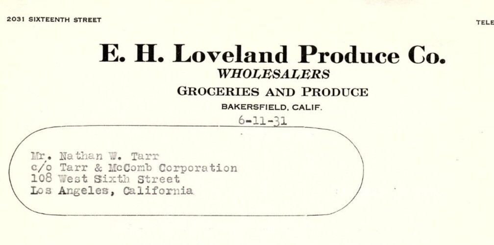 1931 BAKERSFIELD CA E.H. LOVELAND PRODUCE CO GROCERIES SYMPATHY LETTERHEAD Z1415