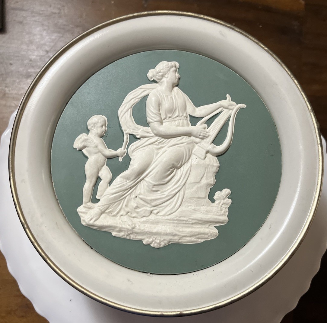 Vintage Wedgwood Jasperware Round Tin Blue Grecian Motif MCM Decor