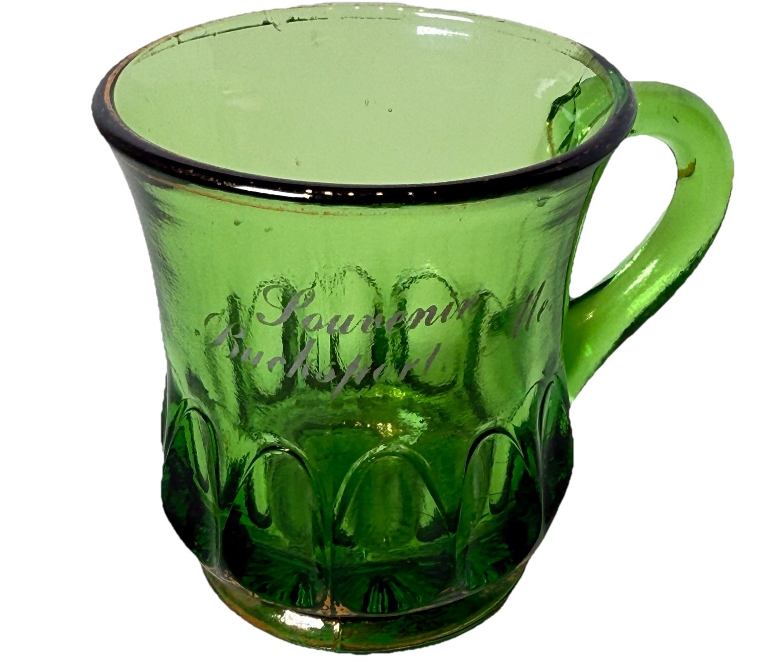 BUCKSPORT MAINE ME Antique Depression GREEN GOLD Glass Souvenir TRINKET CUP
