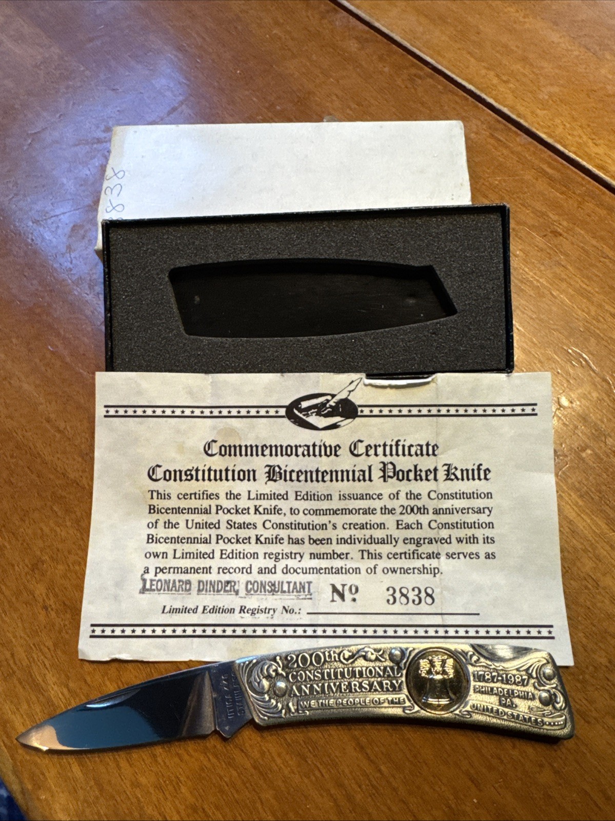 Utica Kut 200th Constitutional Anniv Liberty Bell Pocket Knife & Certificate NIB