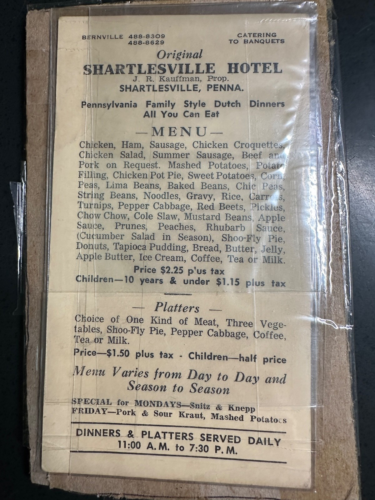1940\'s Shartlesville Hotel menu - Dutch Dinners - Shartlesville , PA