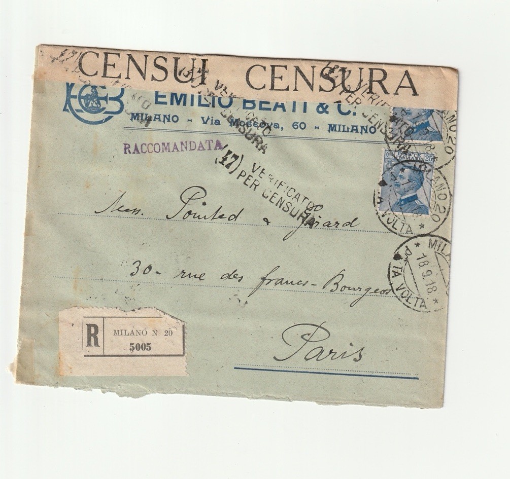 WW1 1918 Italy Milan Paris Censored Letter Recommended CENSURA