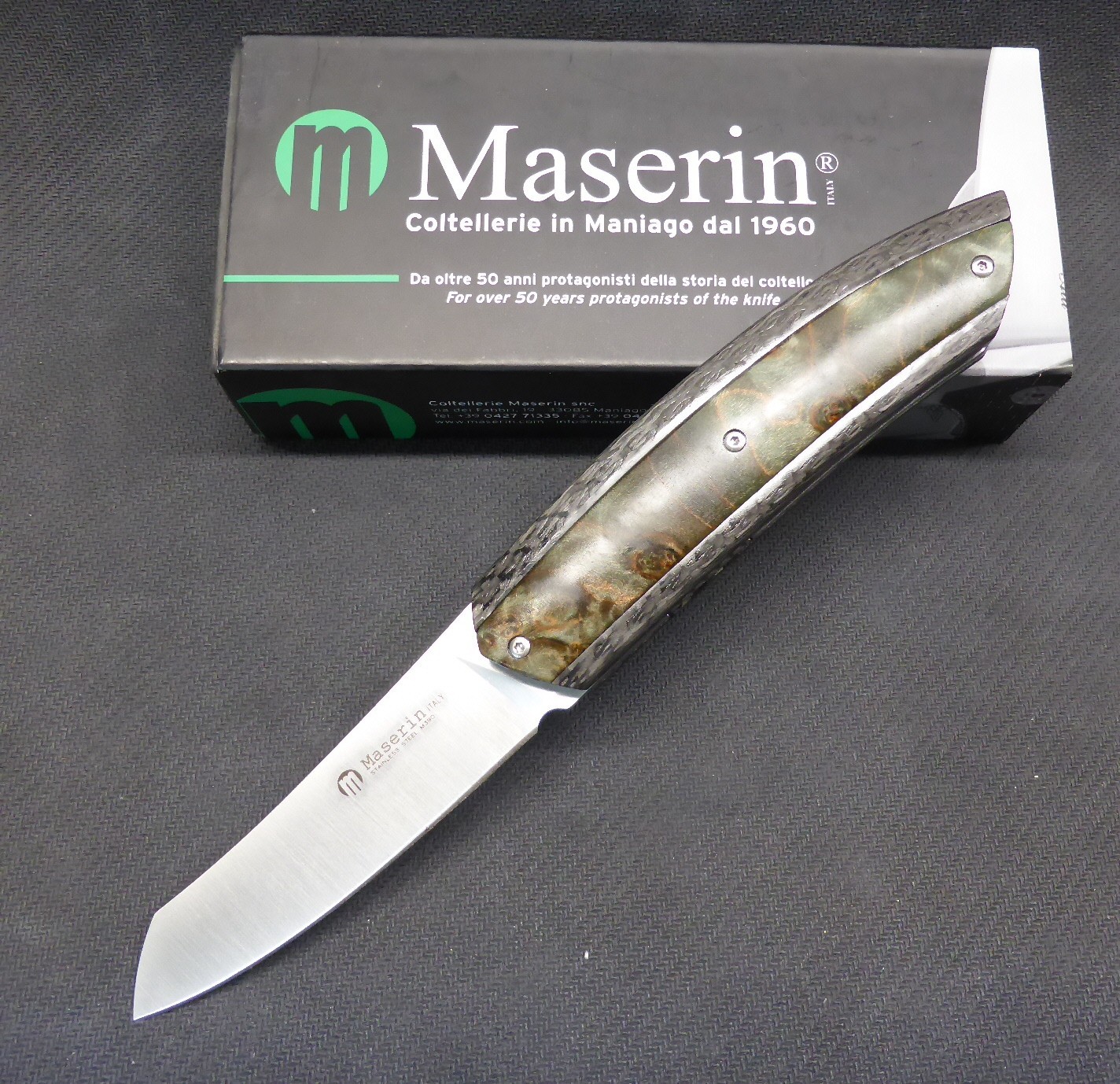 Maserin 375/RV AM5 M390 Flipper Carbon Fiber w/ Green Wood Inlay  Made in Italy