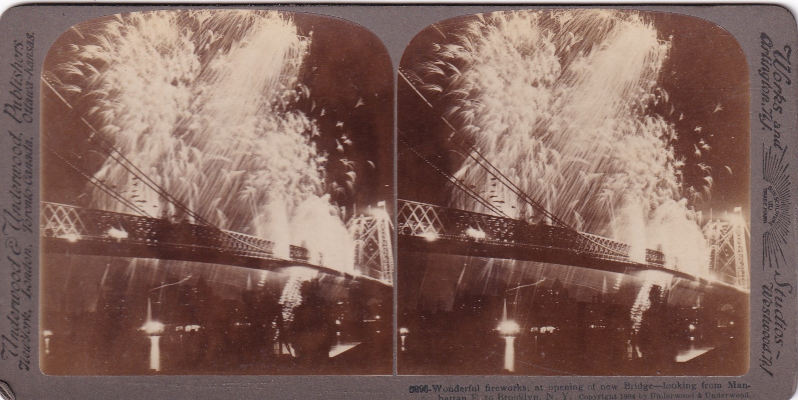 Stereoview Cards - Estate - Fireworks over Brooklyn Bridge, 1904 Stereoview Cards - Estate - Fireworks over Brooklyn Bridge, 1904