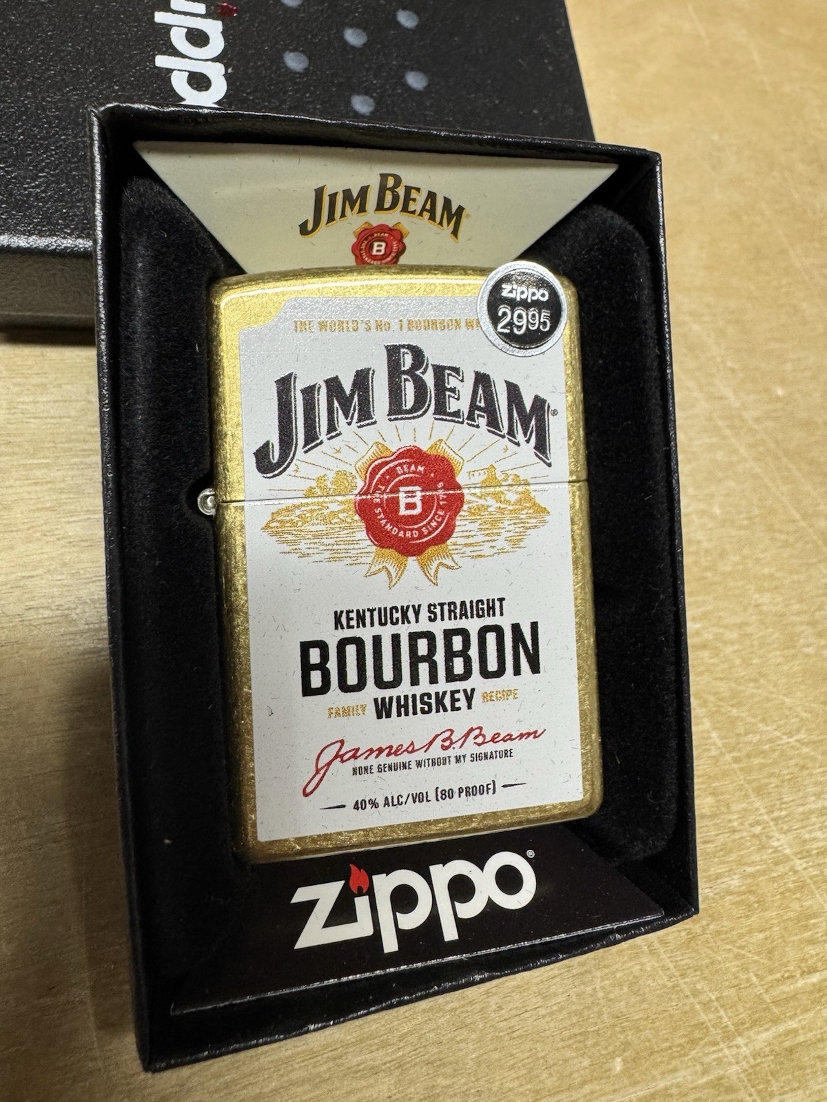 Zippo Jim Beam Whiskey Logo Lighter - 46305 - White Logo Gold Lighter - New