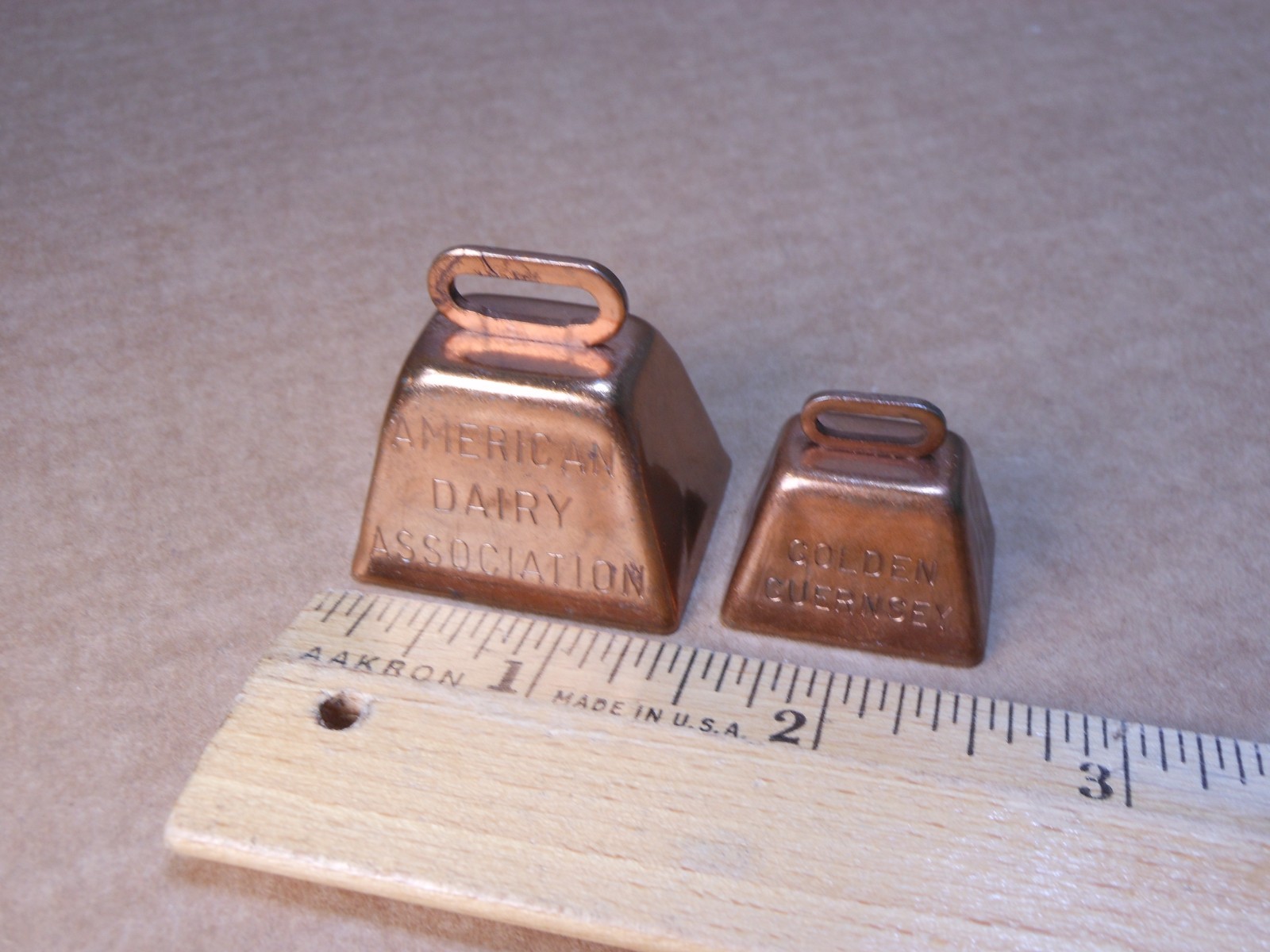 2 Small Metal Cowbells - American Dairy Association & Golden Guernsey 2 Small Metal Cowbells - American Dairy Association & Golden Guernsey