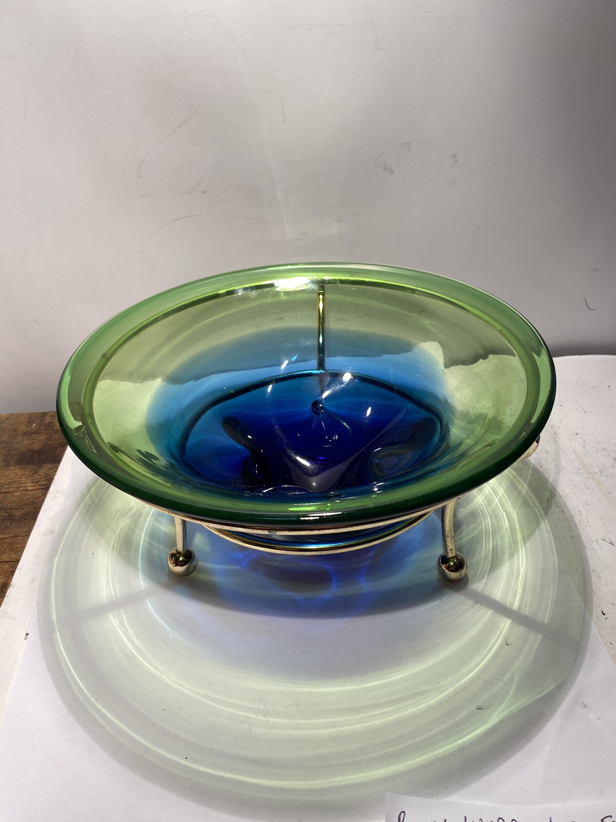 VTG MCM Handblown Glass Bowl With Chrome Frame Green And Blue 9.25 Inches. A1 VTG MCM Handblown Glass Bowl With Chrome Frame Green And Blue 9.25 Inches. A1