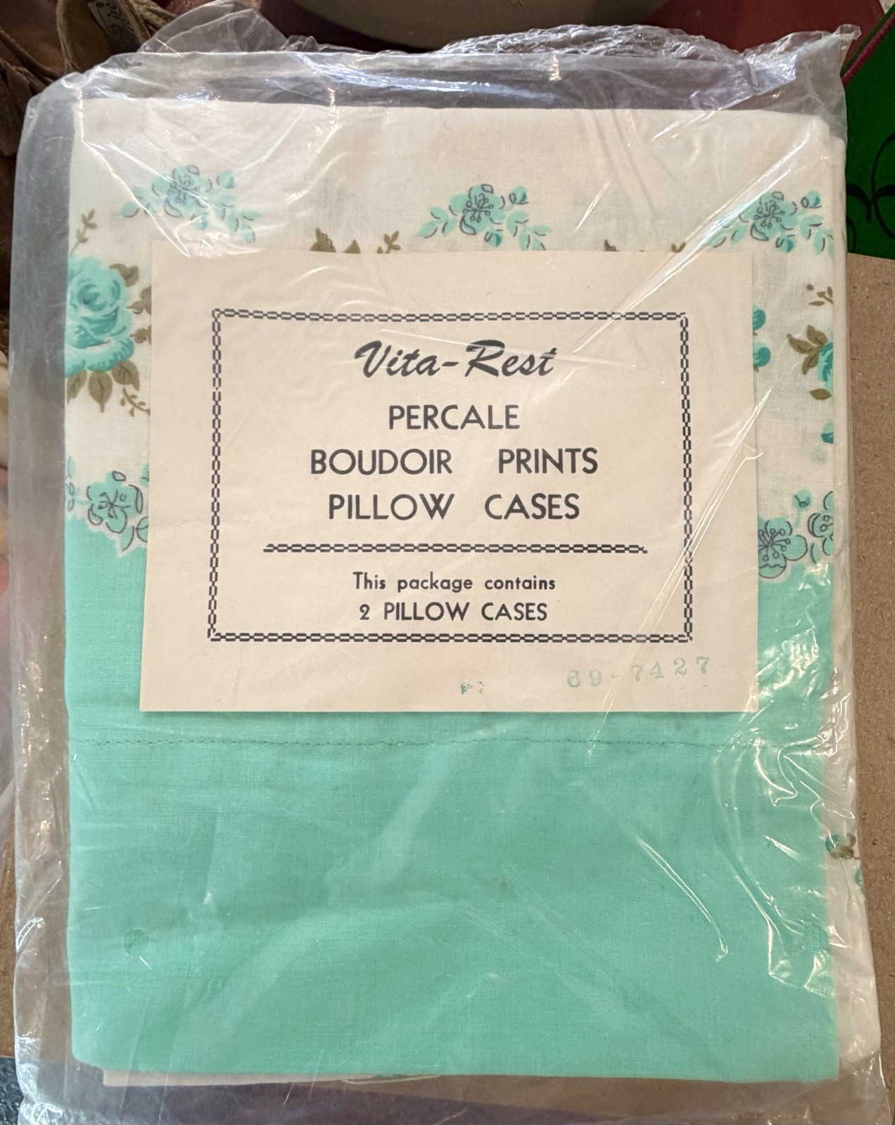 NOS VTG Vita-Rest Percale Boudoir Prints Pillow Cases Set of 2 Aqua *READ*EDITED