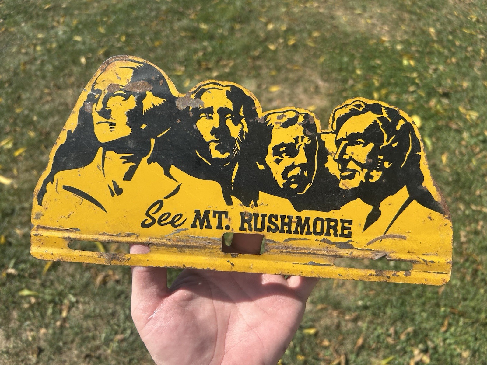 Original Mt. Rushmore Die Cut Painted Metal License Plate Topper Sign