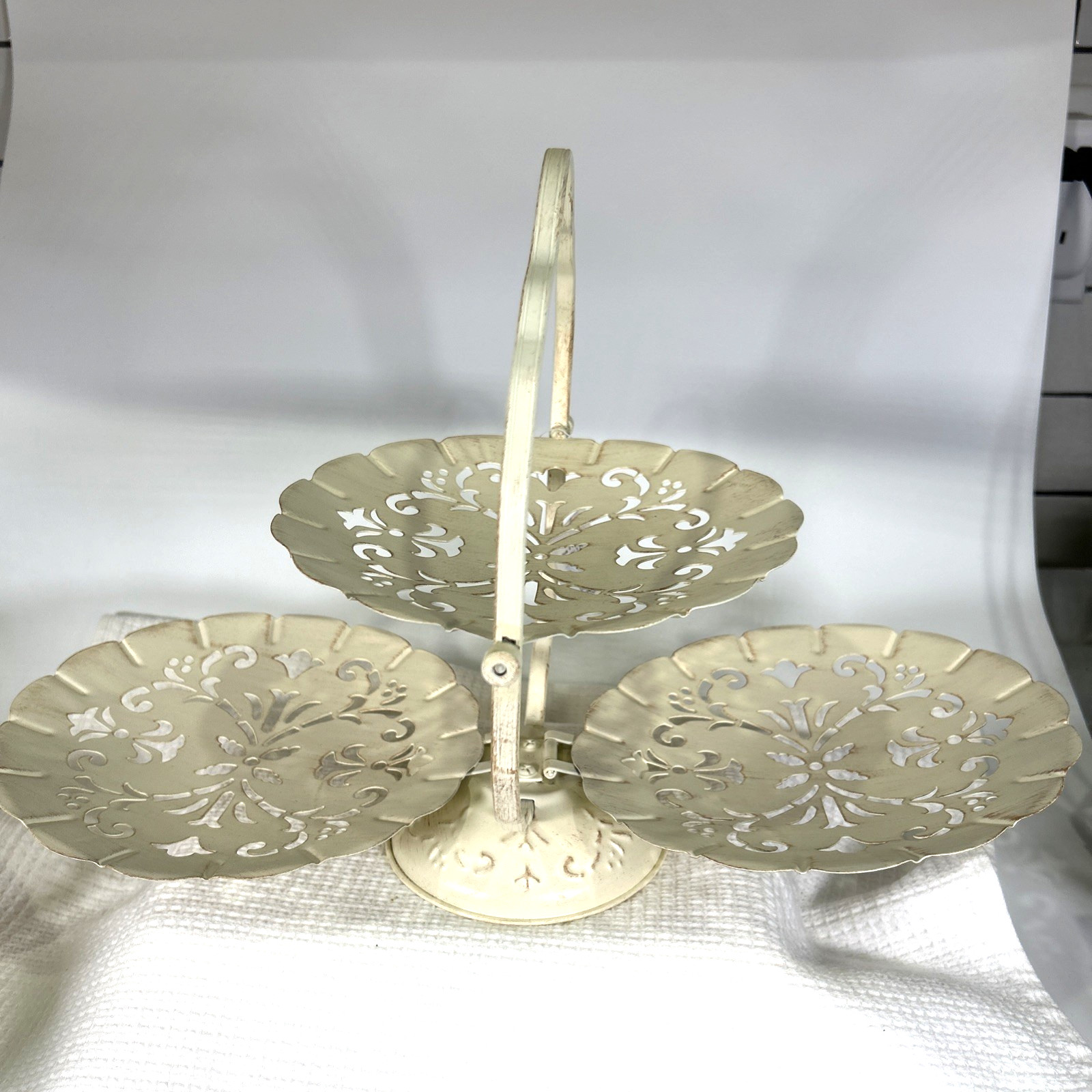 Cream Metal Three Tier Serving Tray Clamshell Filigree Fold Up Server
