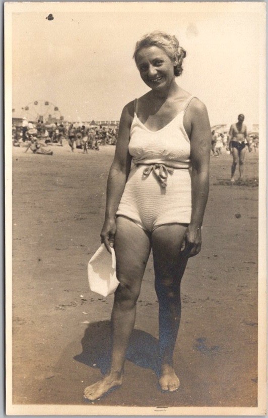 c1940s Real Photo RPPC Postcard Woman in White Bathing Suit / Ferris Wheel View