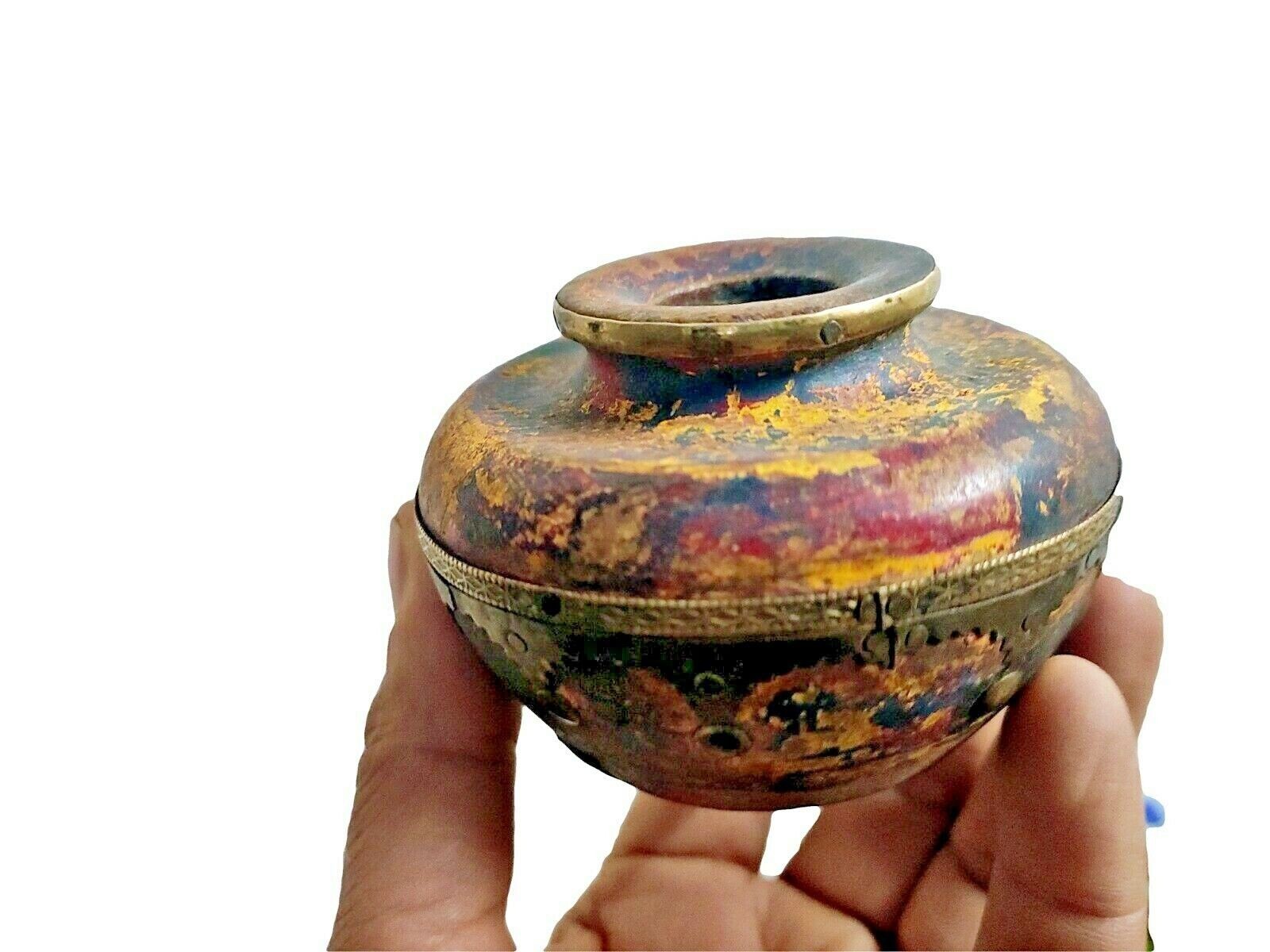 Vintage Hand-Painted Tribal Ink Pot in Brass and Lacquer, Office Decor