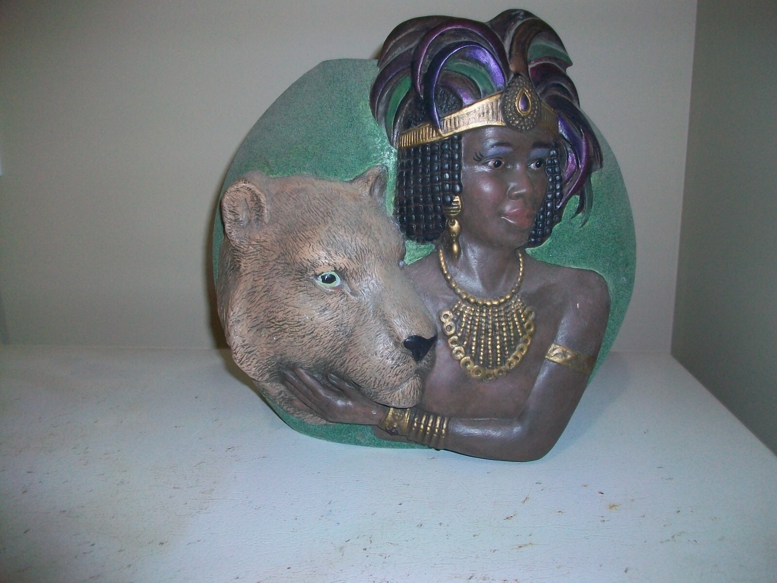 RARE Vintage Large Ceramic Vase w/ Congo/African Woman & Safari Wolf-Textured RARE Vintage Large Ceramic Vase w/ Congo/African Woman & Safari Wolf-Textured