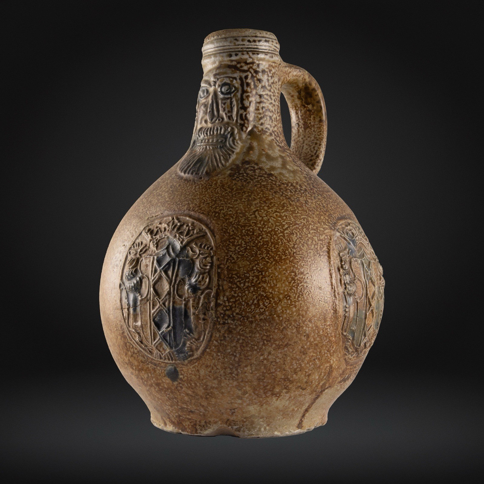 Cobalt Splashed Bellarmine Bottle, 3 Medallion, Amsterdam Coat of Arms 16/17thC Cobalt Splashed Bellarmine Bottle, 3 Medallion, Amsterdam Coat of Arms 16/17thC