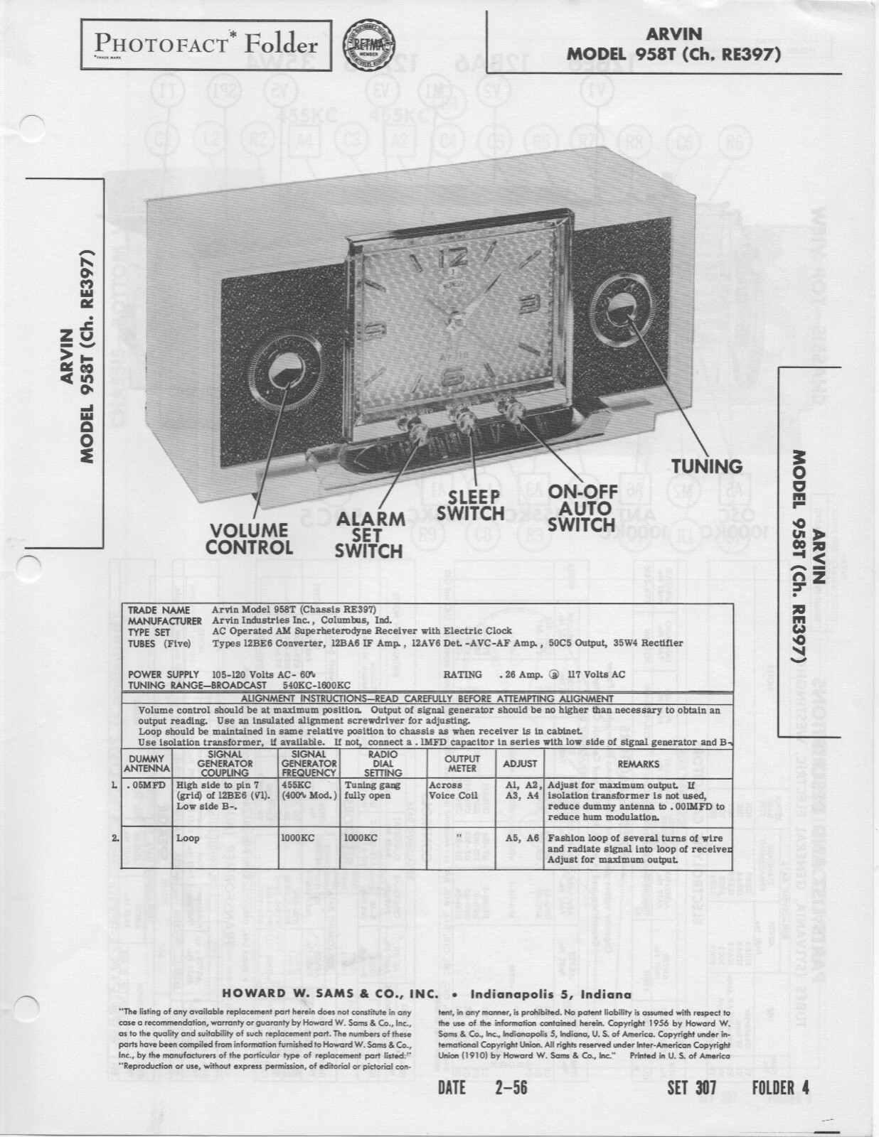 1956 ARVIN 958T CLOCK RADIO SERVICE MANUAL SCHEMATIC REPAIR PHOTOFACT DIAGRAM