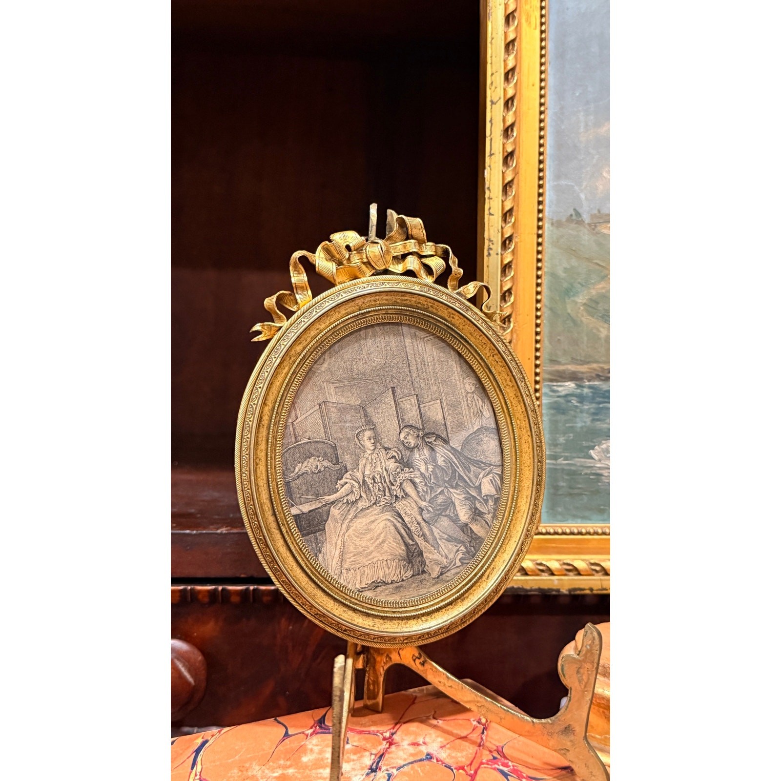 Antique French Bronze Ribbon Bow Picture Frame Oval Gilt Etching Courting Scene