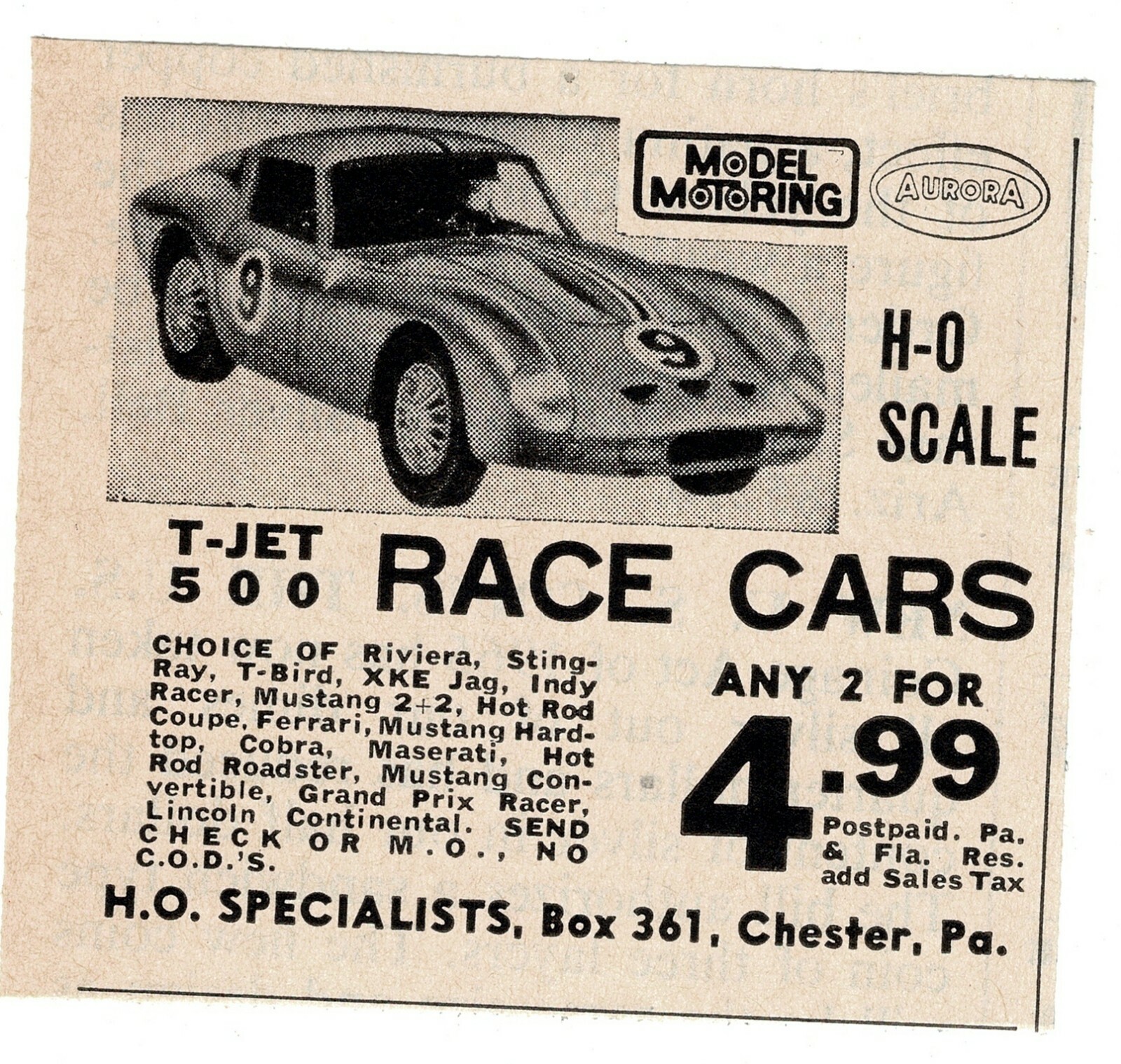 1965 HO Specialists Chester PA selling AURORA Model Motoring T-Jets Vintage Ad