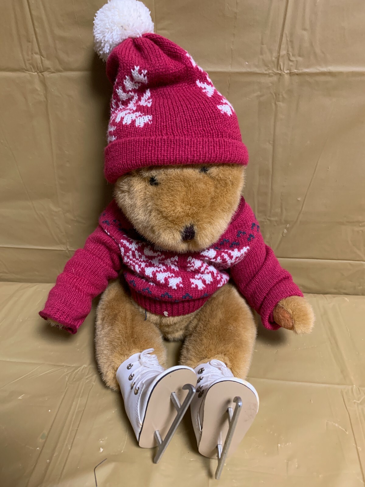 Brown Plush Bear with roller skates - Vintage w/ Red White Sweater & Hat