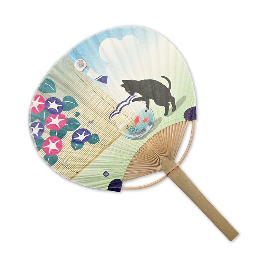 Japanese Uchiwa Flat Fan Hand Held Bamboo Handle ASAGAO Lucky Cat Pattern Design
