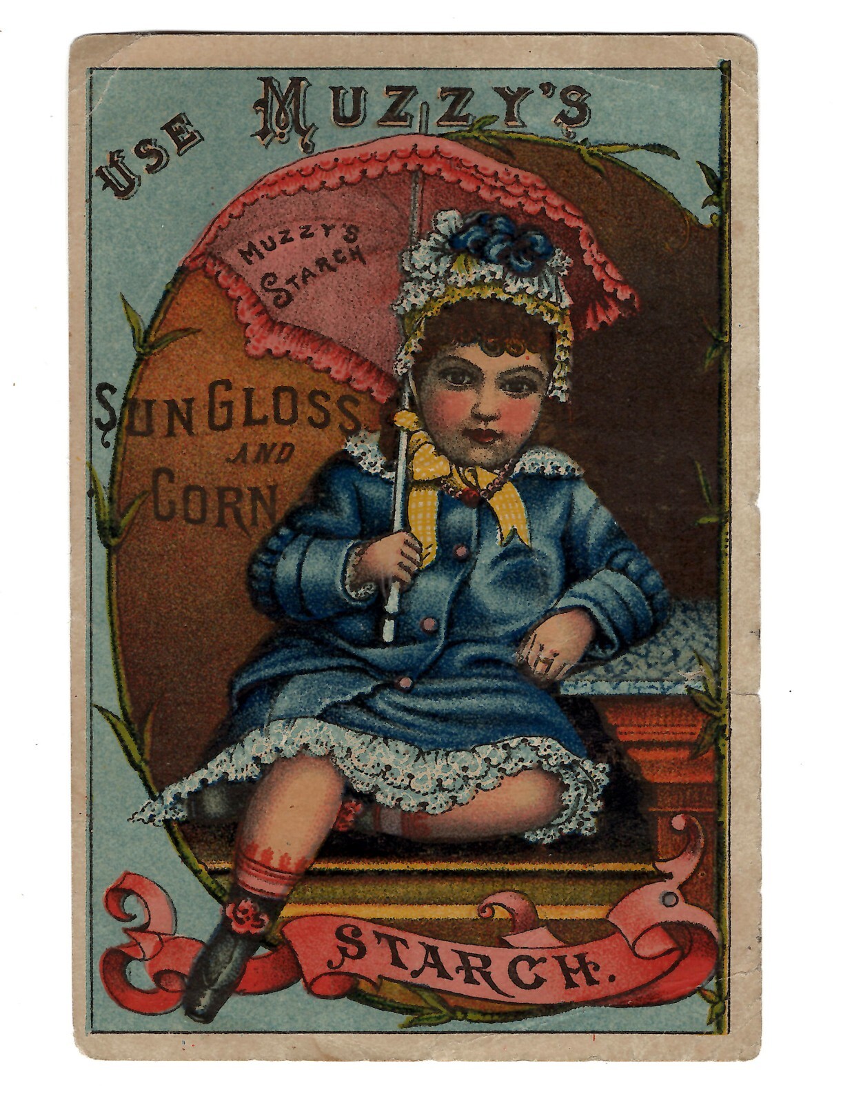 Victorian Trade Card Advertising 1800's Young Girl Bonnet Parasol Muzzy's Starch